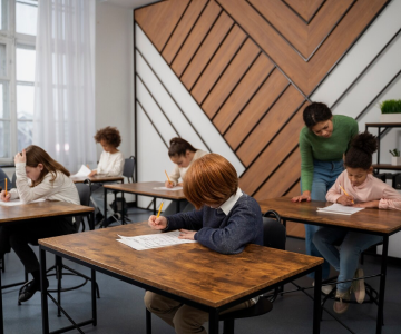 Young students at desks in a classroom, participating in educational activities and collaborating with peers.