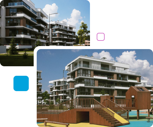 Modern apartment buildings with balconies against a clear sky, and a playground in the foreground.