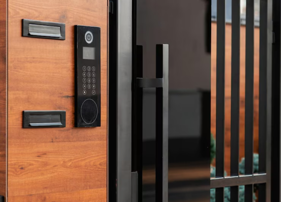 Modern door with electronic keypad entry system on a wooden panel next to a black metal gate.