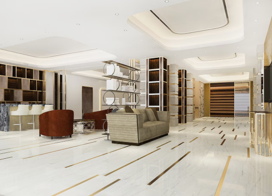 Luxurious modern living room with marble floors, elegant furniture, and sophisticated lighting design.