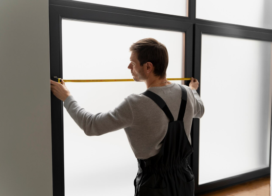 Person measuring a window frame with a tape measure.