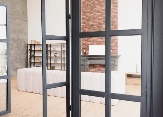 Modern living room with white sofas and brick fireplace, seen through black framed glass doors.