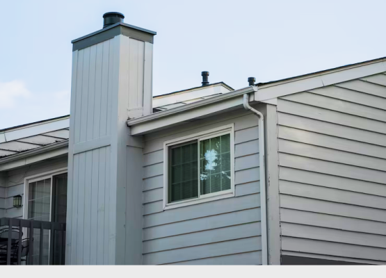 Side view of a house with beige siding and a window with a snowflake decoration.