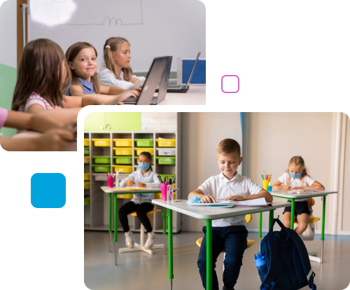 Children in a classroom with laptops and notebooks, colorful furniture around.