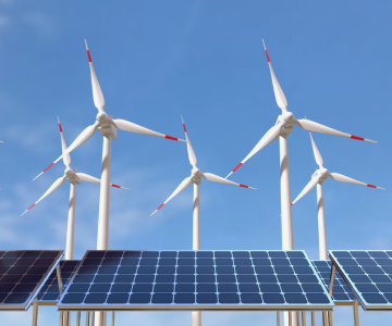 Wind turbines behind solar panels under a blue sky.