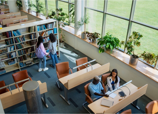 Individuals focus on their tasks in a library enriched with books and plants, exemplifying a state-of-the-art educational atmosphere.