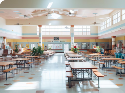 An expansive cafeteria showcasing a variety of tables and chairs, designed for communal dining experiences.