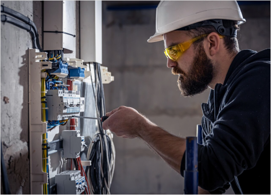 A man wearing a hard hat and safety glasses is focused on repairing electrical equipment in a work environment.