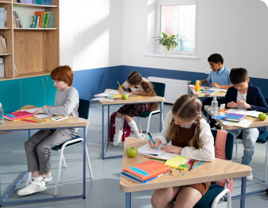 Children engaged at desks in a modern classroom equipped with up-to-date facilities, fostering a conducive learning environment.