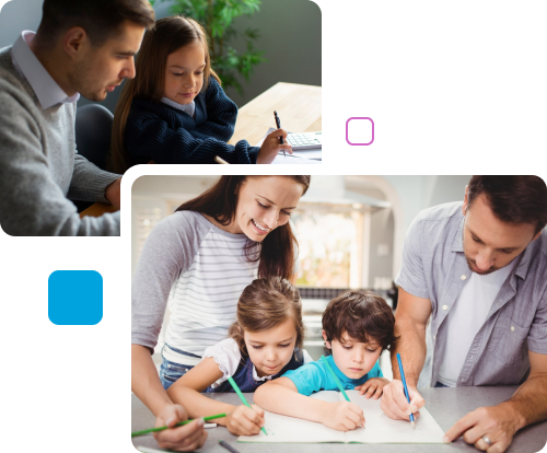 A family with children gathered around a man writing on paper, creating a warm and engaging banner image.