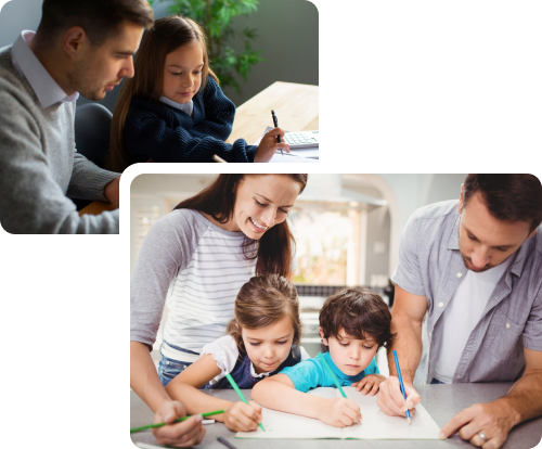 A family with children gathers around a man who is writing on a piece of paper, sharing a moment of creativity together.