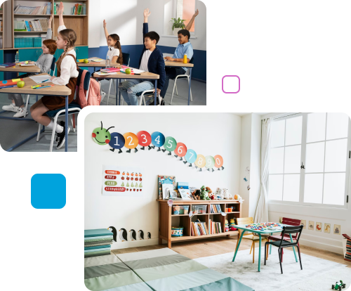 A vibrant collage showcasing a children's classroom filled with desks, chairs, and tables, creating an engaging learning environment.