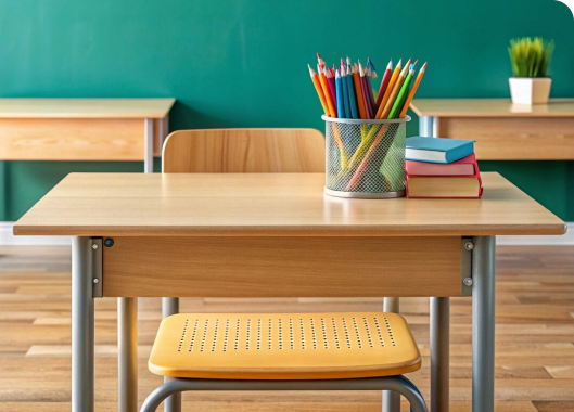 A school desk adorned with pencils and books, set against a vibrant banner background.