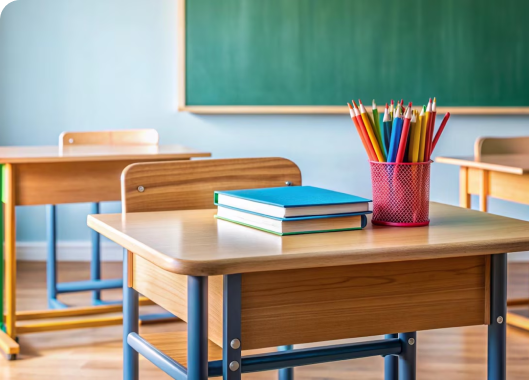 A classroom scene featuring school desks with pencils and books arranged in front of a chalkboard, emphasizing mobility and stability.