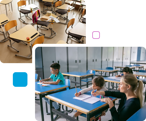 A collage of children engaged in learning activities in a modular classroom setting.