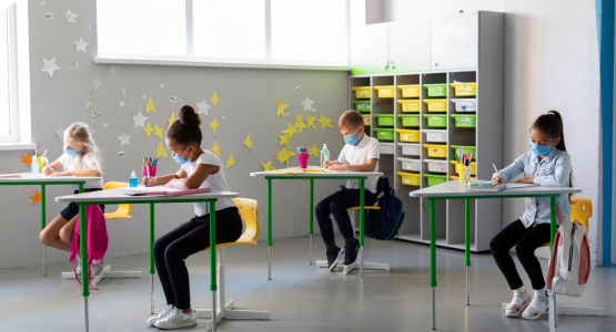 School desks for sale in a clean, modular space designed for health and safety. Perfect for any educational setting.