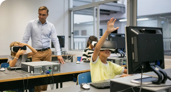 A man shows a child how to use a virtual reality headset in a cozy, modular space designed for comfort and learning.