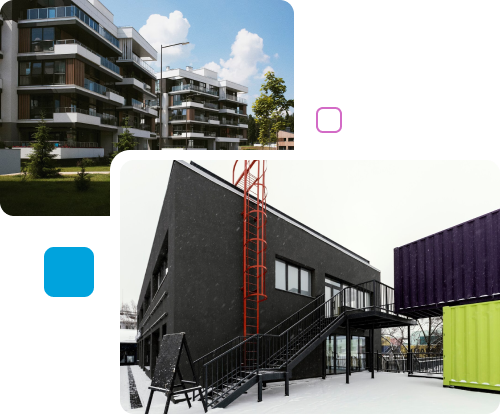 A collage of various building types, showcasing modular designs and unique architectural styles in one image series.