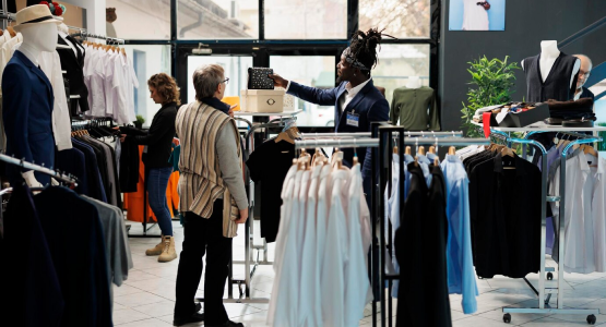 A couple shops for clothes in a modular retail store, exploring different styles and options available on display.