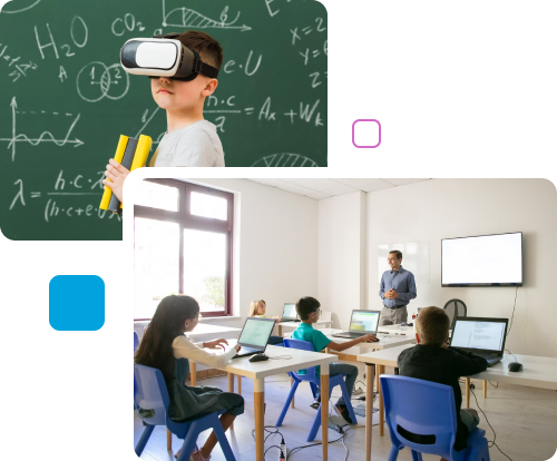 A student using virtual reality in a modular space classroom, exploring interactive learning experiences.