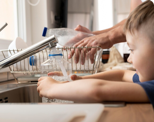 A child uses a sink to wash hands and fill a bottle, encouraging water conservation at Modular Space.