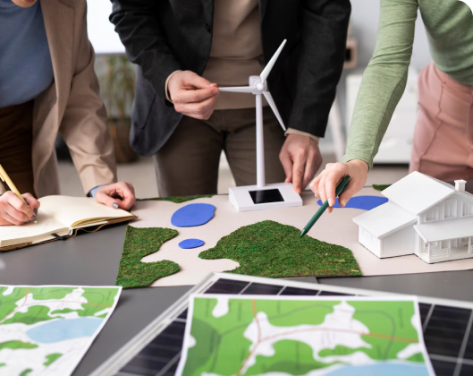 A diverse team collaborates on a project involving a wind turbine, highlighting regulatory and market forces in renewable energy.