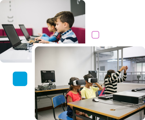 Students engage with virtual reality technology in a classroom setting, exploring immersive educational content together.