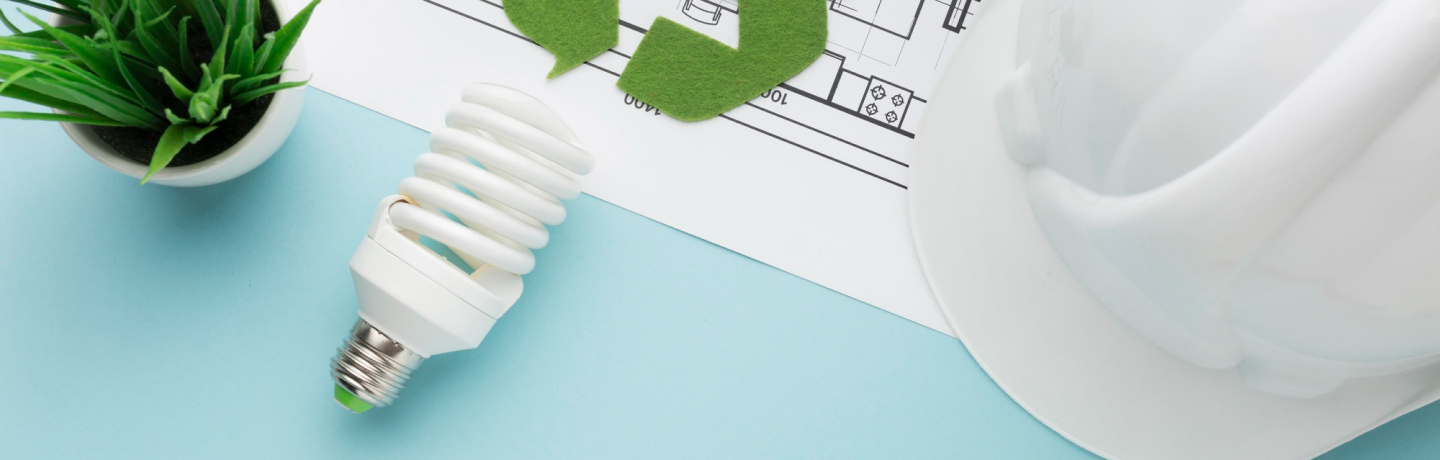 Energy-saving light bulb, green house model, and colorful construction paper arranged on a blue background