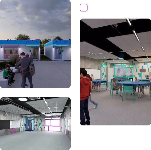 A collage of three images: an empty school cafeteria, a study area with a tall stool, and a brick school building exterior.